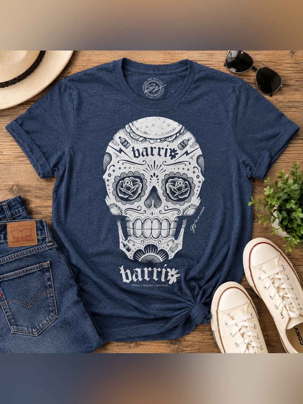 Barri Sugar Skull Graphic Tee Blue Medium